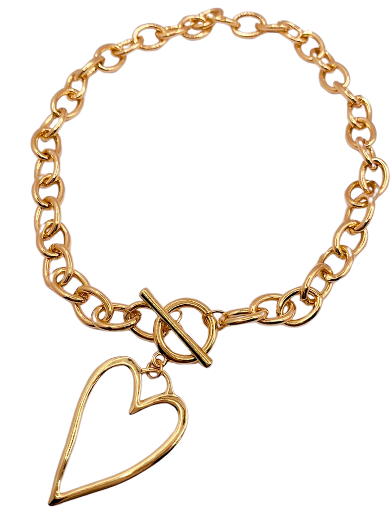 Collar Dorado de Eslabones con Dije de Corazón y Cierre OT-0