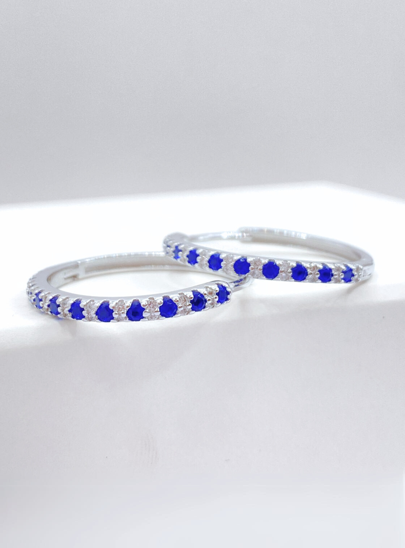 Aros Argollas Circonitas Azules y Blancas, Plata 925-3