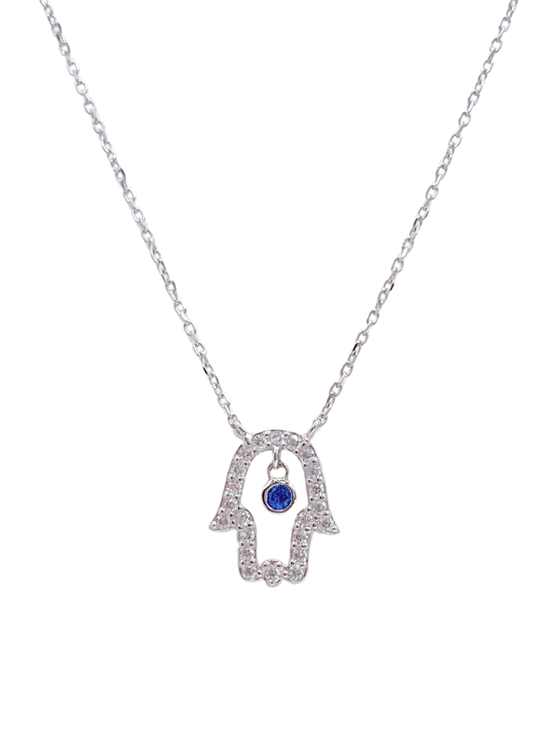 Collar Mano de Fátima en Plata 925 con Chapado Platino y Circon Azul -0