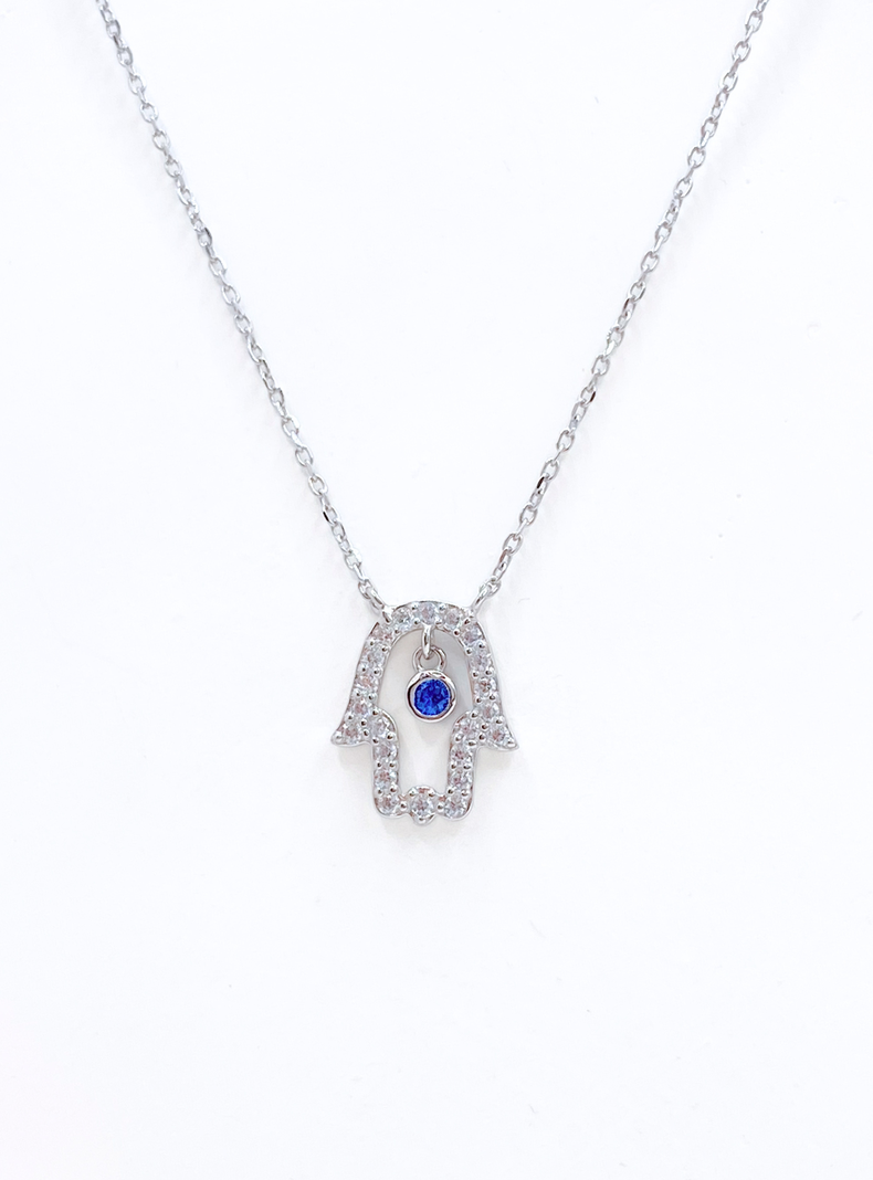 Collar Mano de Fátima en Plata 925 con Chapado Platino y Circon Azul -1