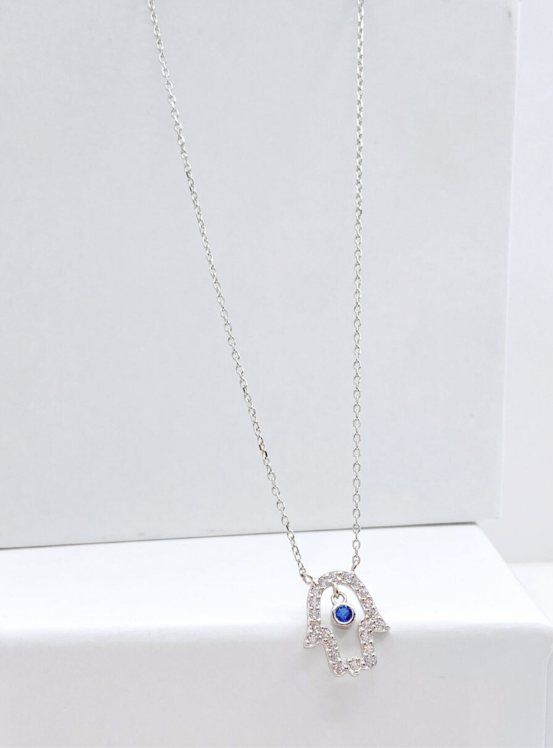 Collar Mano de Fátima en Plata 925 con Chapado Platino y Circon Azul -2