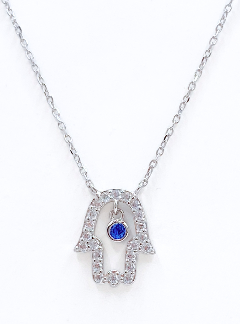 Collar Mano de Fátima en Plata 925 con Chapado Platino y Circon Azul -4