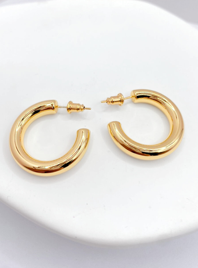 Aros Argollas Tubo, Plata 925 enchapado en Oro 14K, 30 mm-3