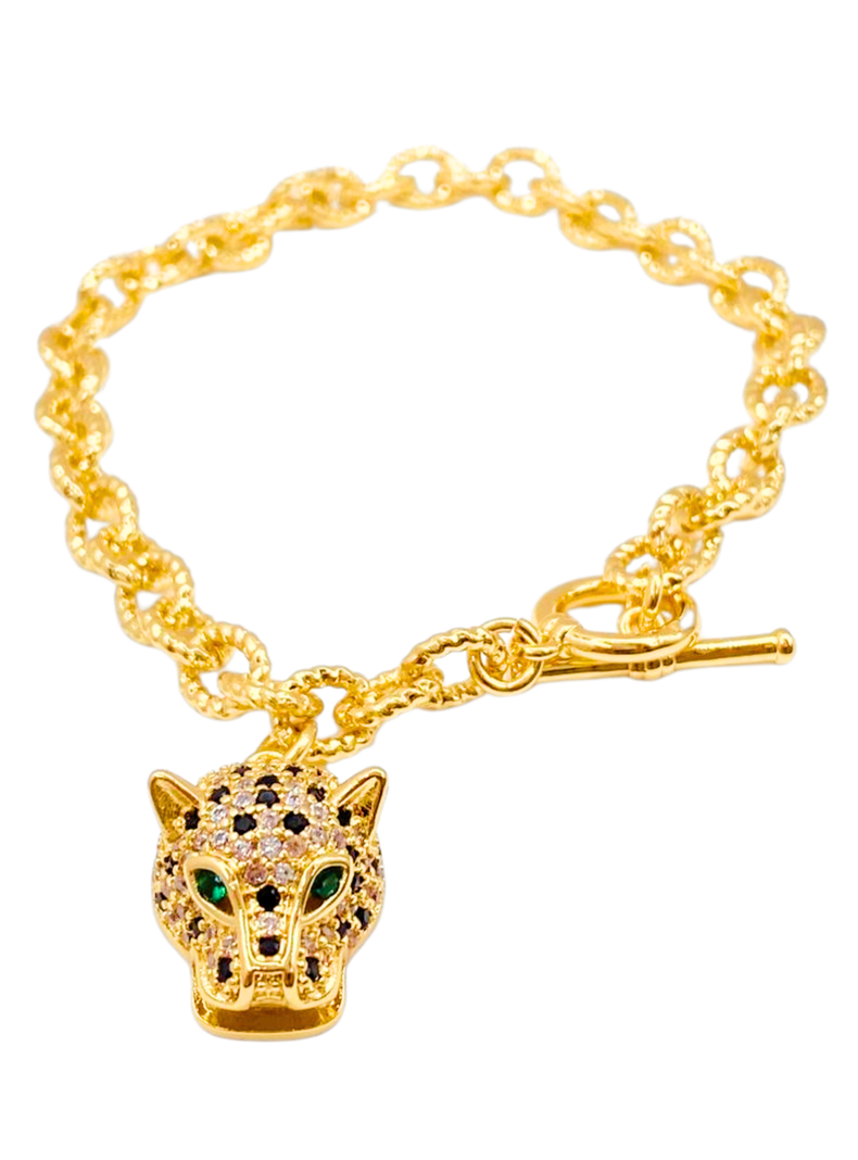 Pulsera Cabeza Leopardo, Circonita Cubica Verde y Negra.-0