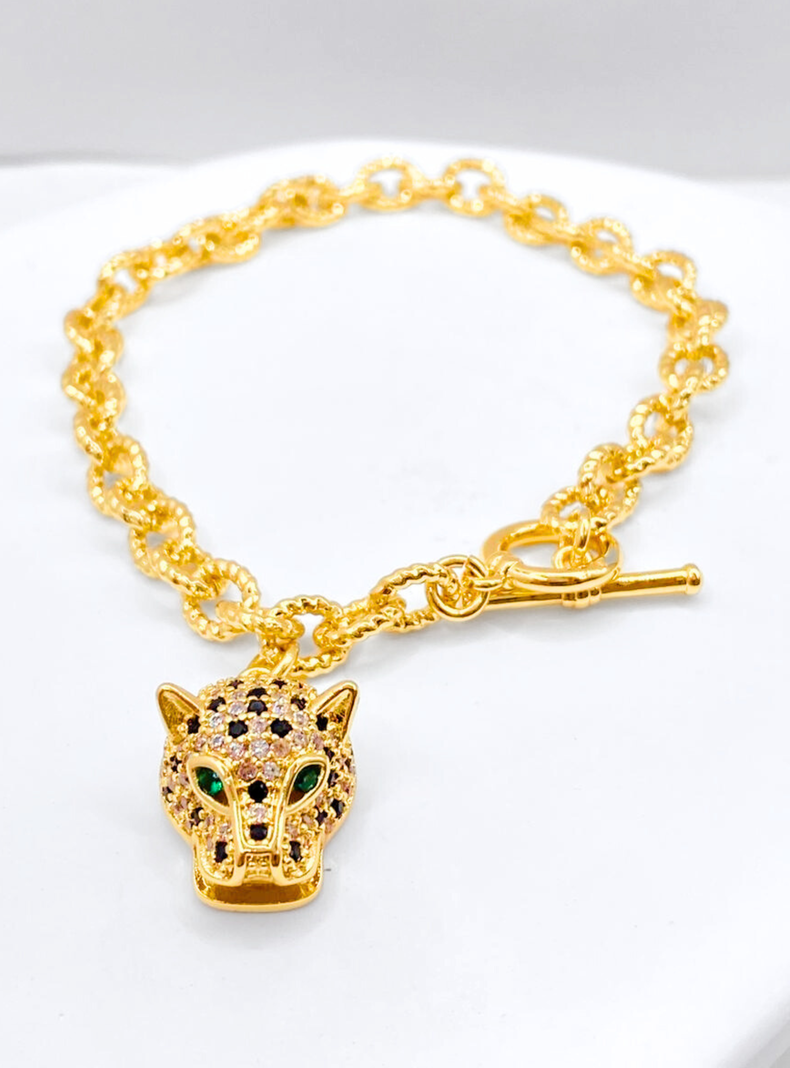 Pulsera Cabeza Leopardo, Circonita Cubica Verde y Negra.-1