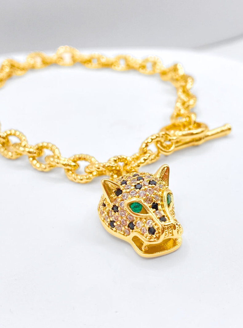 Pulsera Cabeza Leopardo, Circonita Cubica Verde y Negra.-2