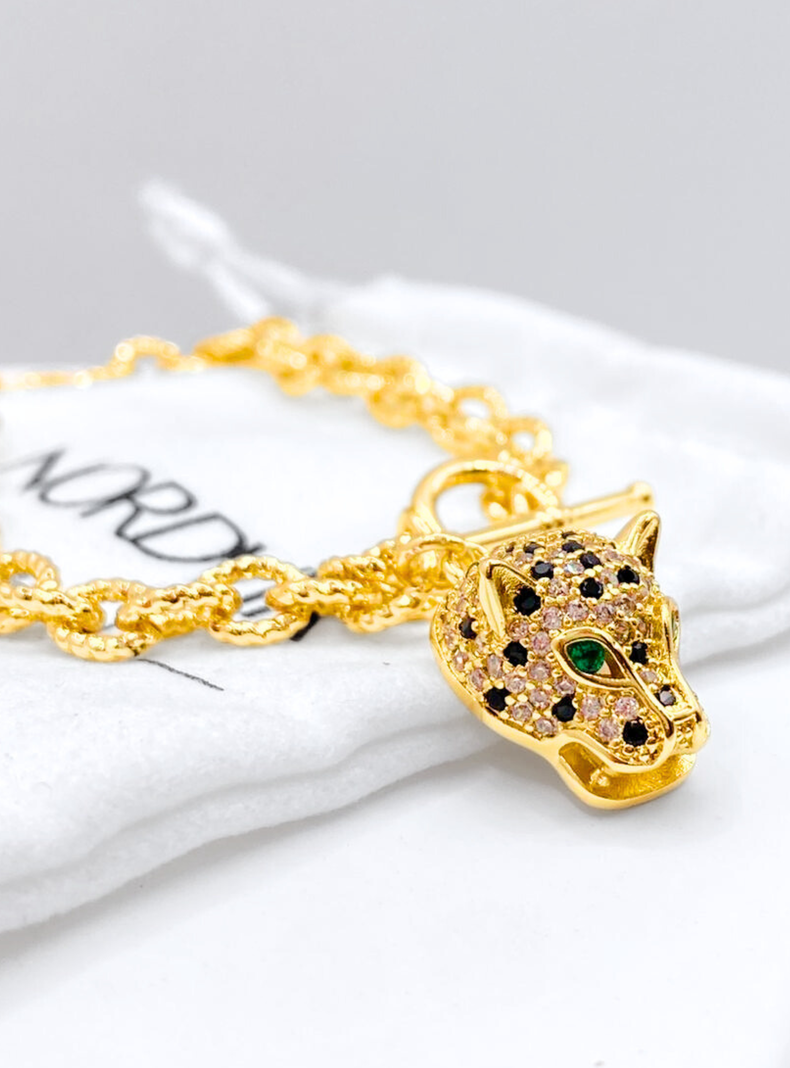 Pulsera Cabeza Leopardo, Circonita Cubica Verde y Negra.-3