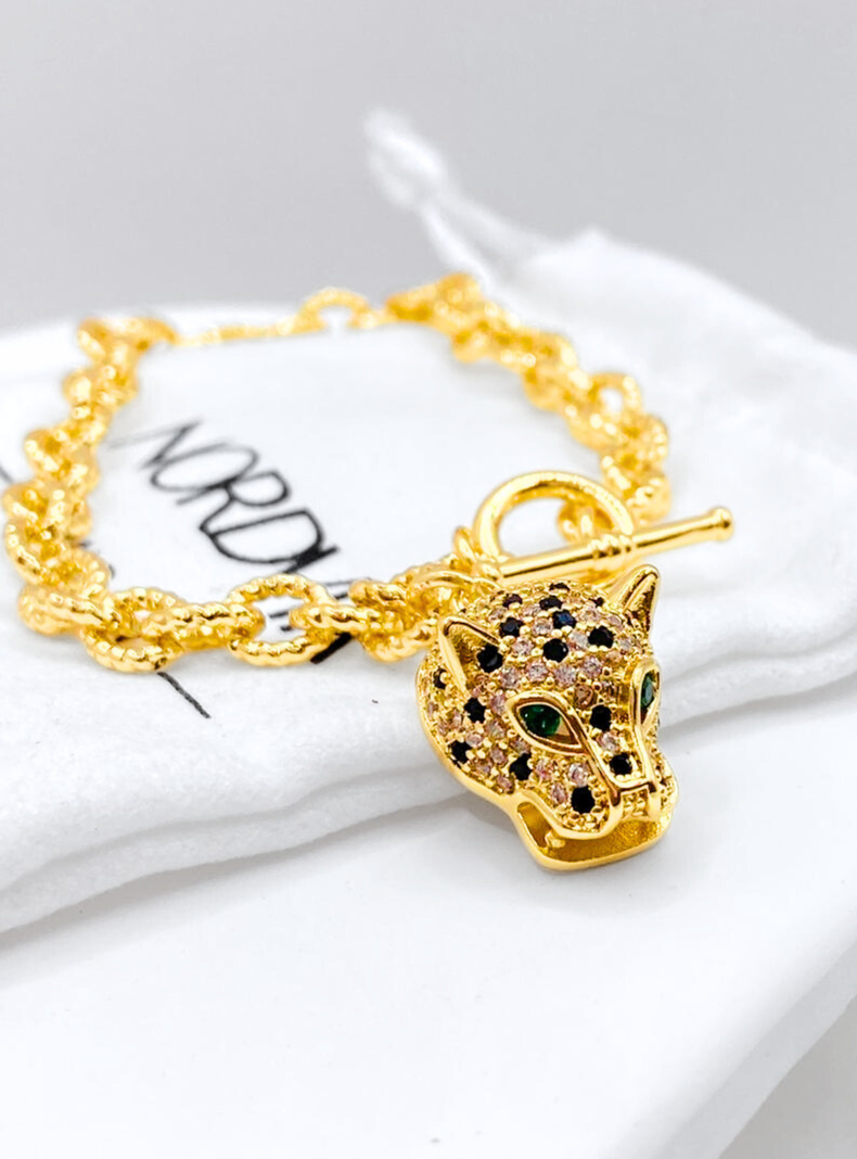 Pulsera Cabeza Leopardo, Circonita Cubica Verde y Negra.-4