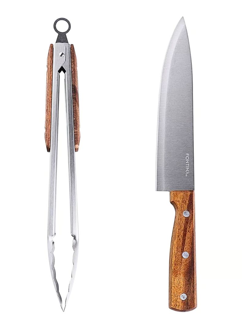 Set Parrillero Cuchillo + Tenazas Fontina Acero Mango Madera-0