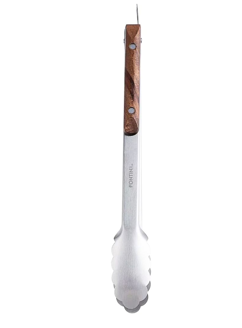 Set Parrillero Cuchillo + Tenazas Fontina Acero Mango Madera-2