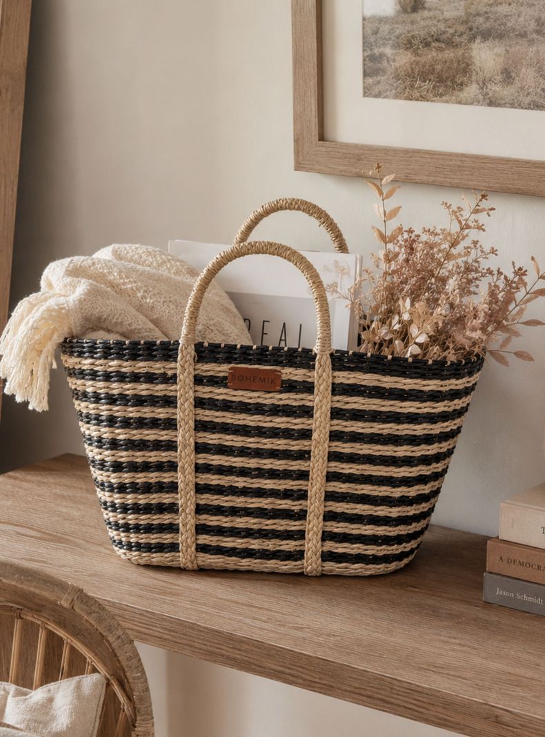 Bolso Janet Boho de fibra natural con Lineas Negras Tejido a Mano 45 cm x 27 cm Amarillo Claro