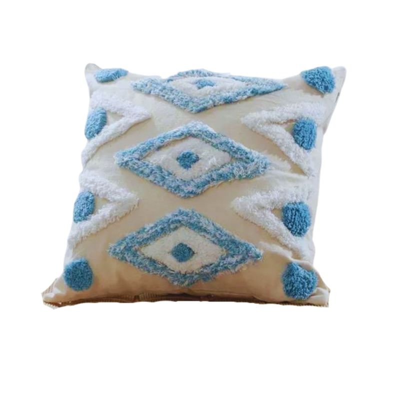 Cojín Bordado Fondo Beige con Figuras Blanca y Azul-0
