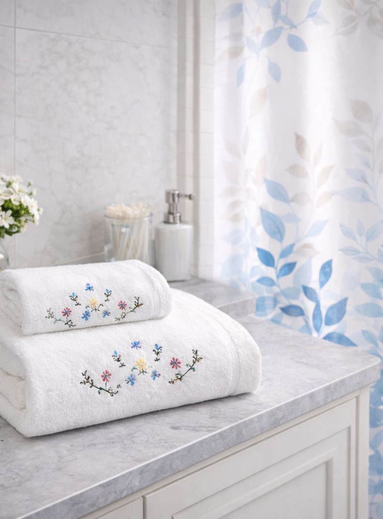 Set de 3 Toallas bordadas Algodon 550 GSM Floral 1 x tamagno y Cortina de Bagno Azzurro Blanco