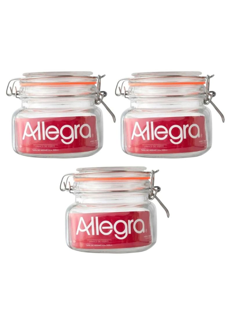 Pack de 3 Frascos de Vidrio con tapa Hermetica 500ml Allegra