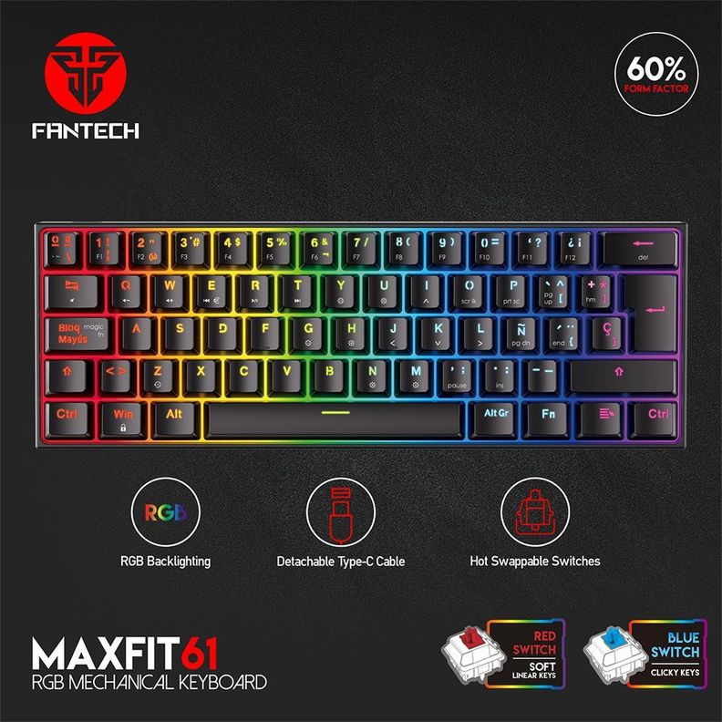 Teclado Gamer 60% Fantech MAXFIT61 RGB Español MK857 Teclado mecánico 60%-4