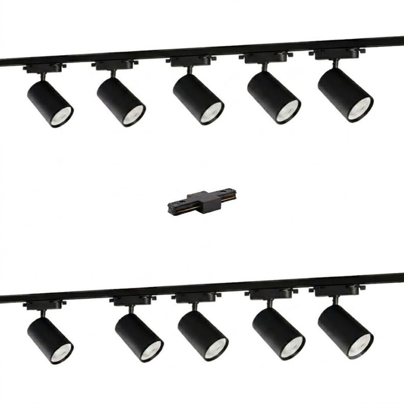 Lampara 10 Focos Cilindros Negros Luz Calida con 2 Riel de 1mt mas Union Negro