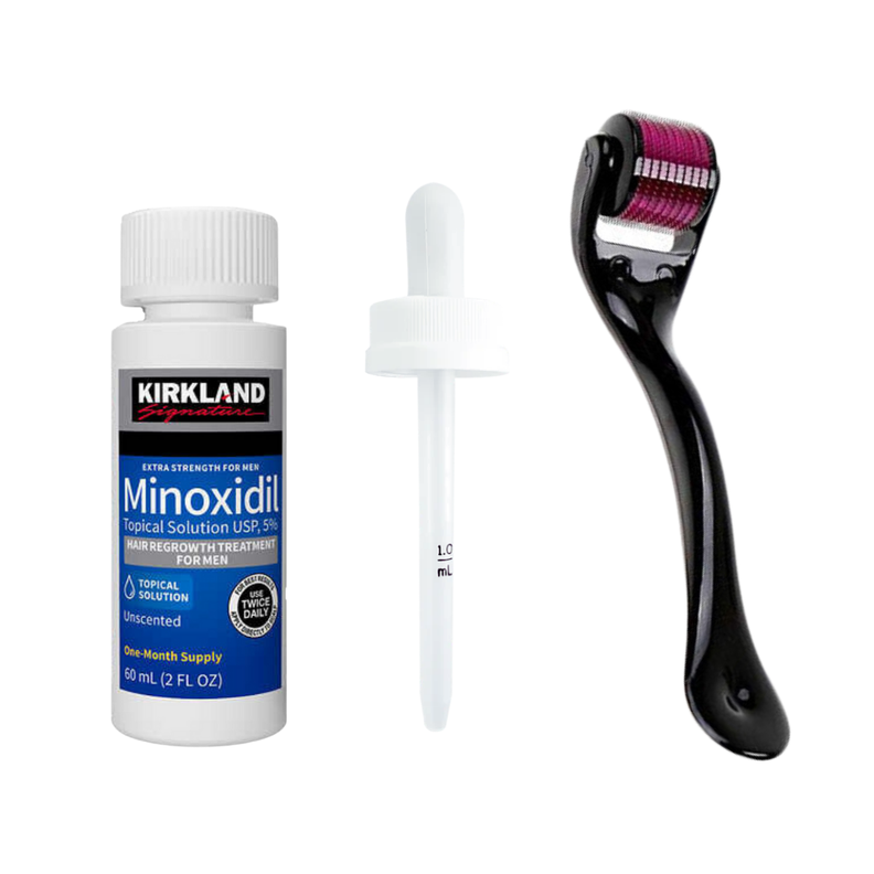 Minoxidil kirkland 5% (60ml)- 1 mes de tratamiento+dermaroller titanio+gotero original-1