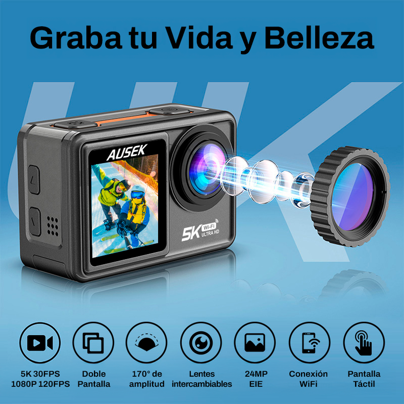 Cámara Deportiva 5K 24MP UltraHD con Microfono y Accesorios-3