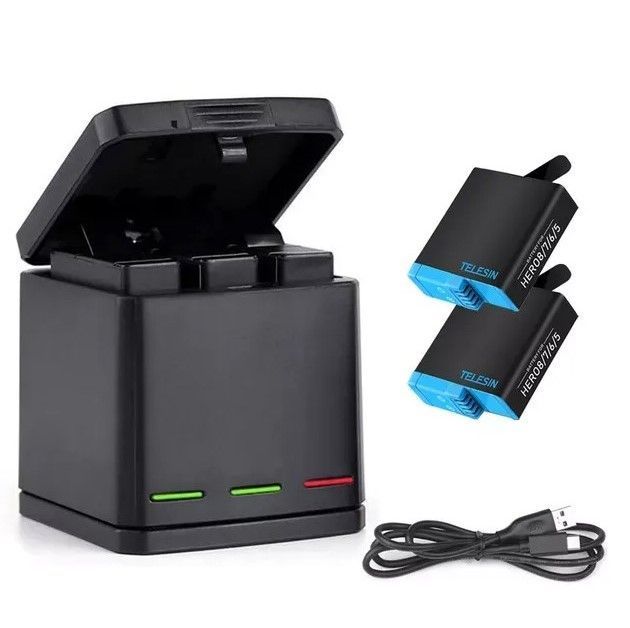 Kit Baterías Hero 5 6 7 8 / Cargador triple con dos baterías para GoPro Hero 5 6 7 8-1