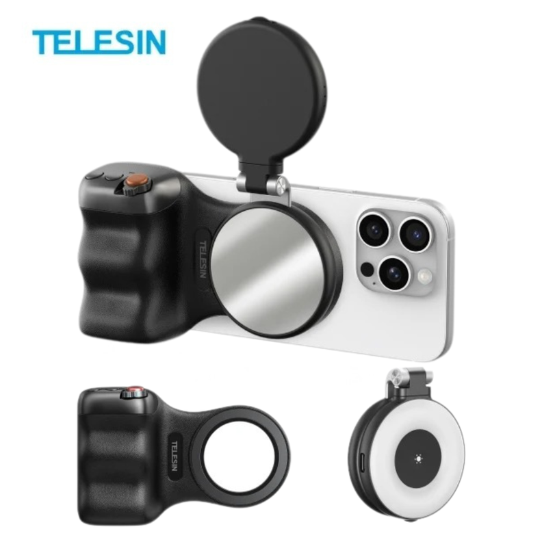 Kit Grip MagSafe + Luz LED Espejo para Smartphone Negro