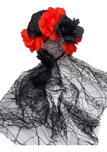 Cintillo Flores Disfraz Catrina Con Velo Negro/rojo Terror-0