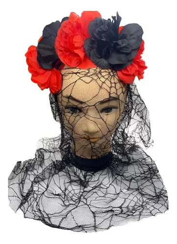 Cintillo Flores Disfraz Catrina Con Velo Negro/rojo Terror-1