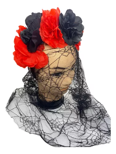 Cintillo Flores Disfraz Catrina Con Velo Negro/rojo Terror-2