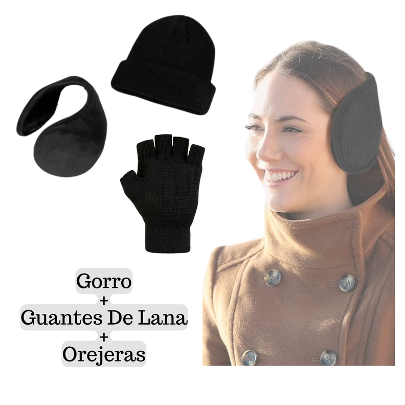 Set Invierno Gorro Beanie + Guantes De Lana Sin Dedos + Orejera Polar-0
