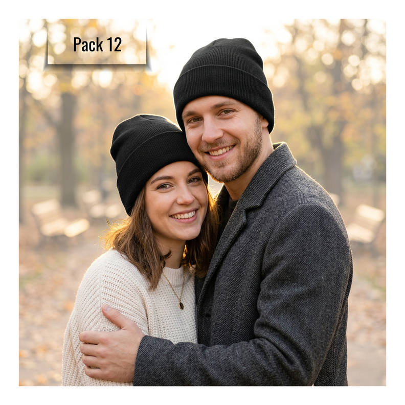 Pack 12 Gorros De Lana Con Doblez Adulto Negro