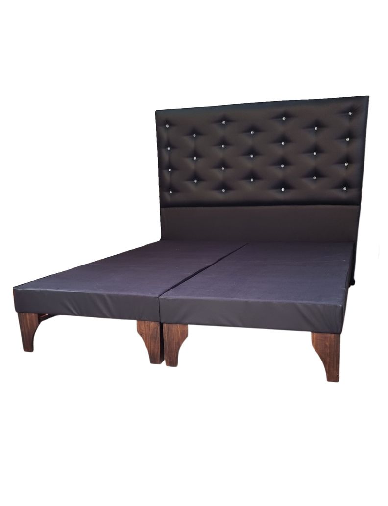 Base Europea Dividida + Respaldo a Piso Negro Eco Cuero Botón Diamante -2