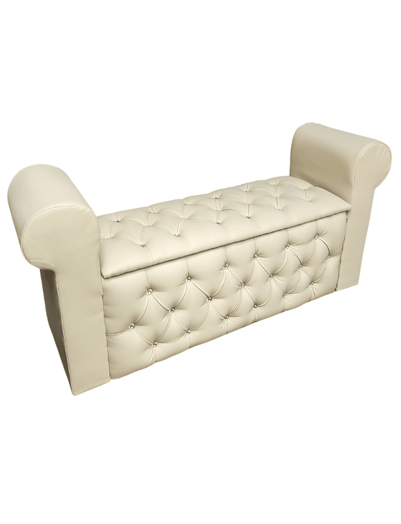 BANQUETA BAUL CON BRAZOS CUERO BEIGE  BOTON DIAMANTE -0