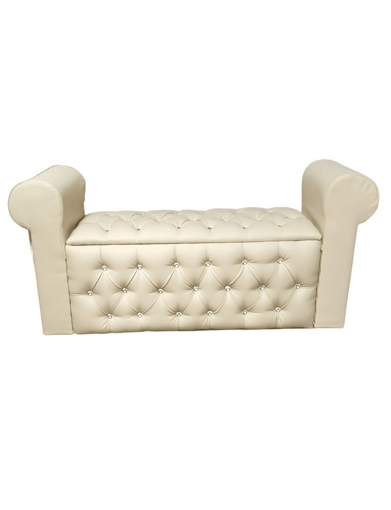 BANQUETA BAUL CON BRAZOS CUERO BEIGE  BOTON DIAMANTE -1