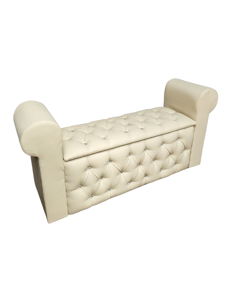 BANQUETA BAUL CON BRAZOS CUERO BEIGE  BOTON DIAMANTE -4