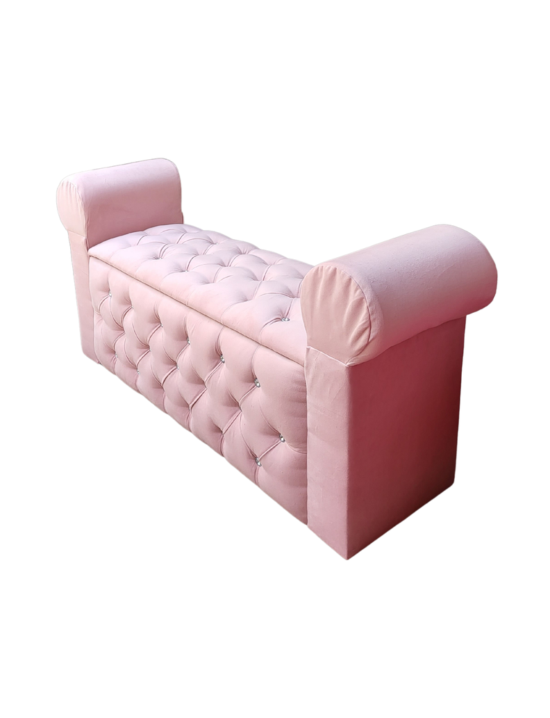 BANQUETA BAUL CON BRAZOS FELPA ROSA PASTEL BOTON DIAMANTE -2