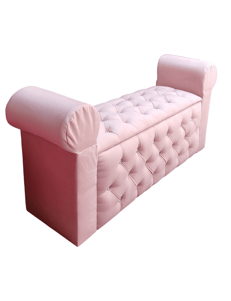 BANQUETA BAUL CON BRAZOS FELPA ROSA PASTEL BOTON DIAMANTE -0