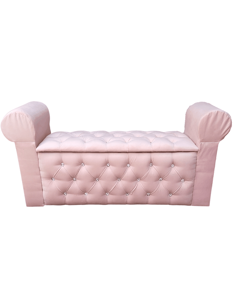 BANQUETA BAUL CON BRAZOS FELPA ROSA PASTEL BOTON DIAMANTE -1
