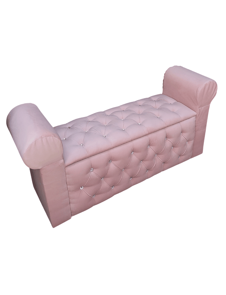 BANQUETA BAUL CON BRAZOS FELPA ROSA PASTEL BOTON DIAMANTE -3