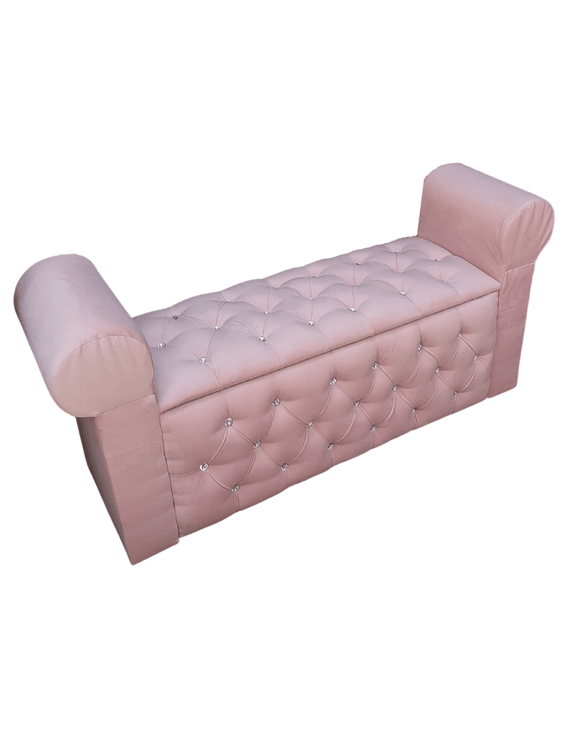 BANQUETA BAUL CON BRAZOS FELPA ROSA PASTEL BOTON DIAMANTE -5