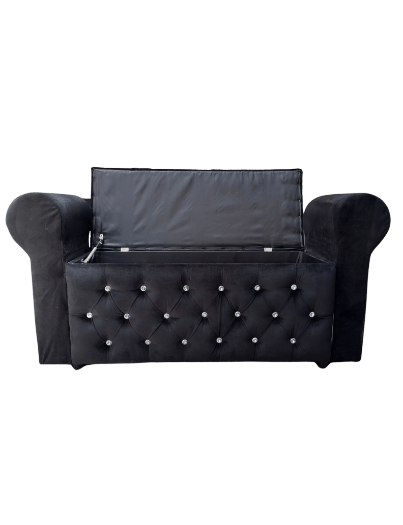 Banqueta Baúl Capitone Con Brazos Negro Felpa -3
