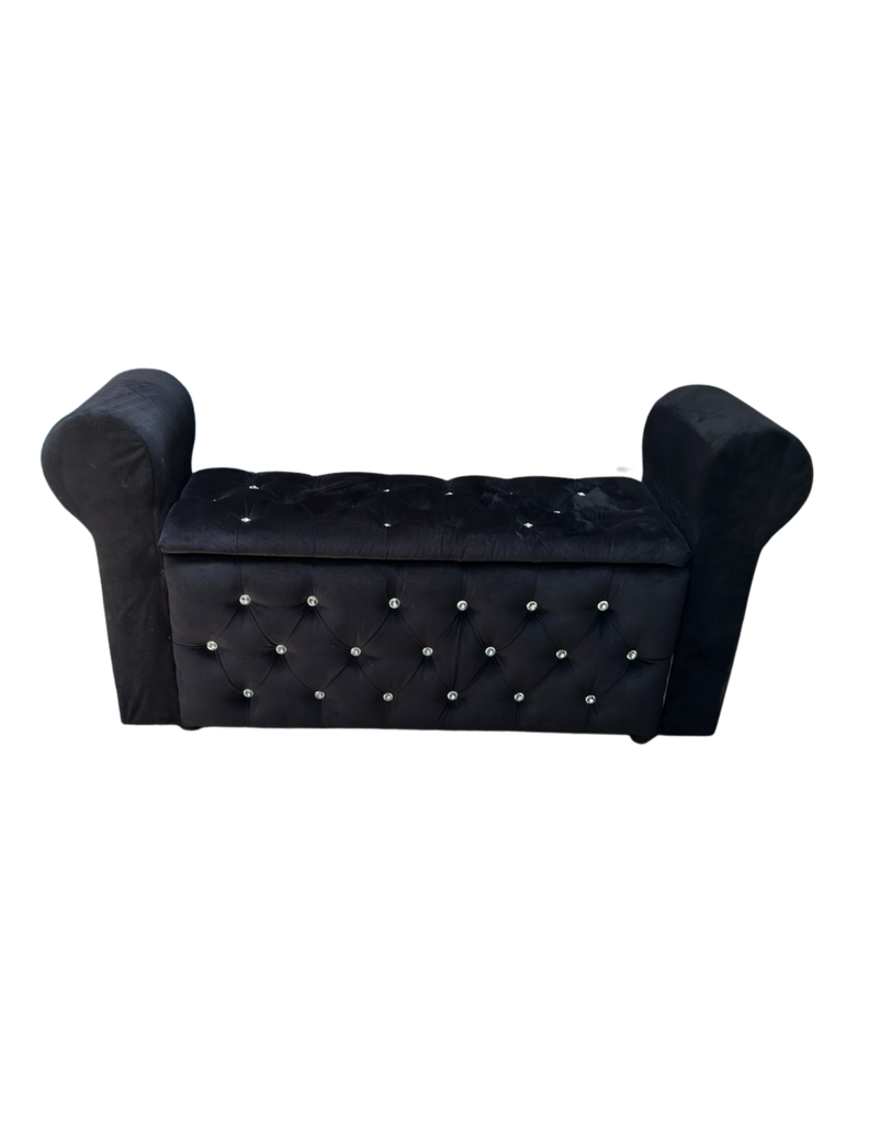 Banqueta Baúl Capitone Con Brazos Negro Felpa -5