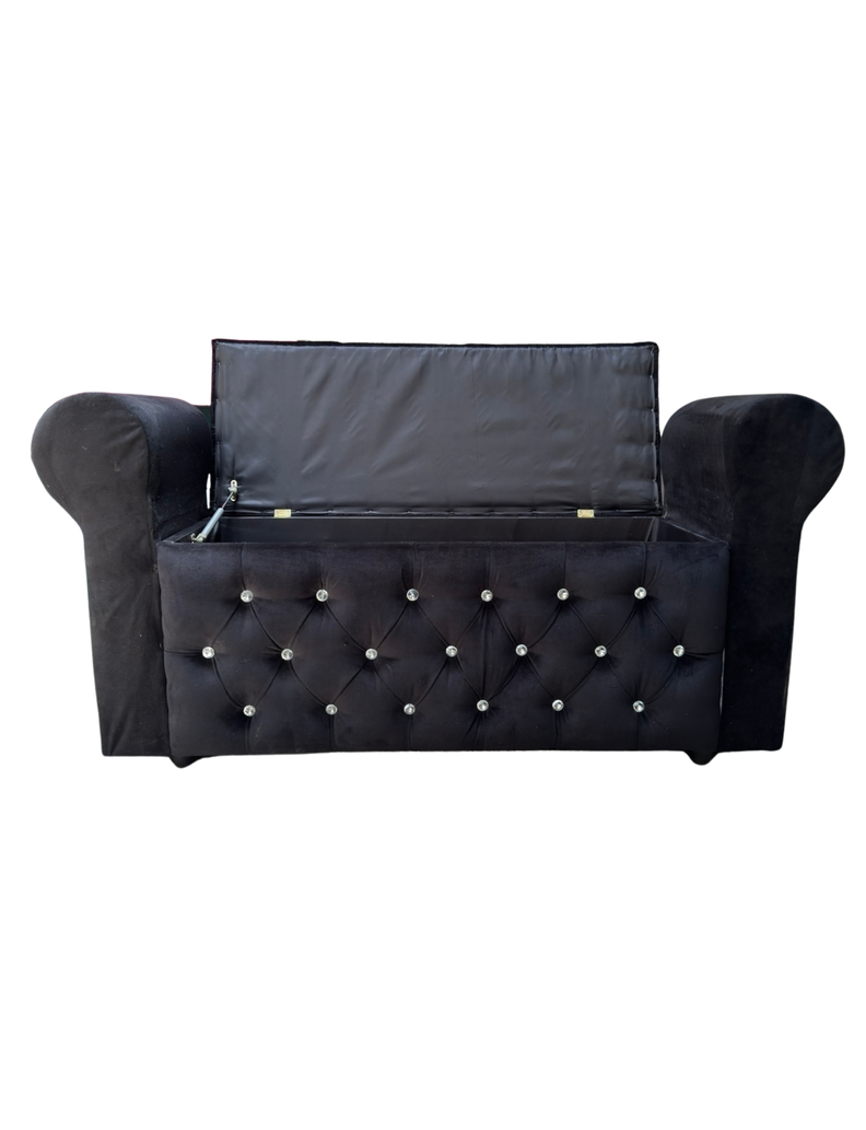 Banqueta Baúl Capitone Con Brazos Negro Felpa -6