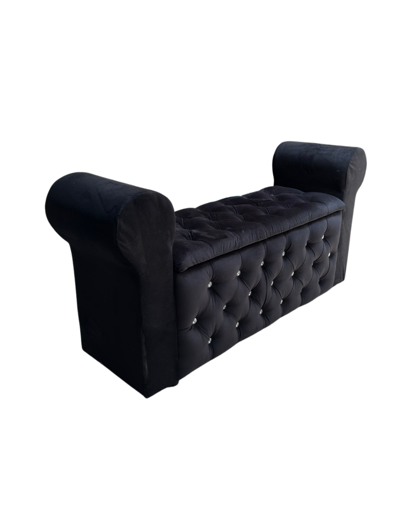 Banqueta Baúl Capitone Con Brazos Negro Felpa -7