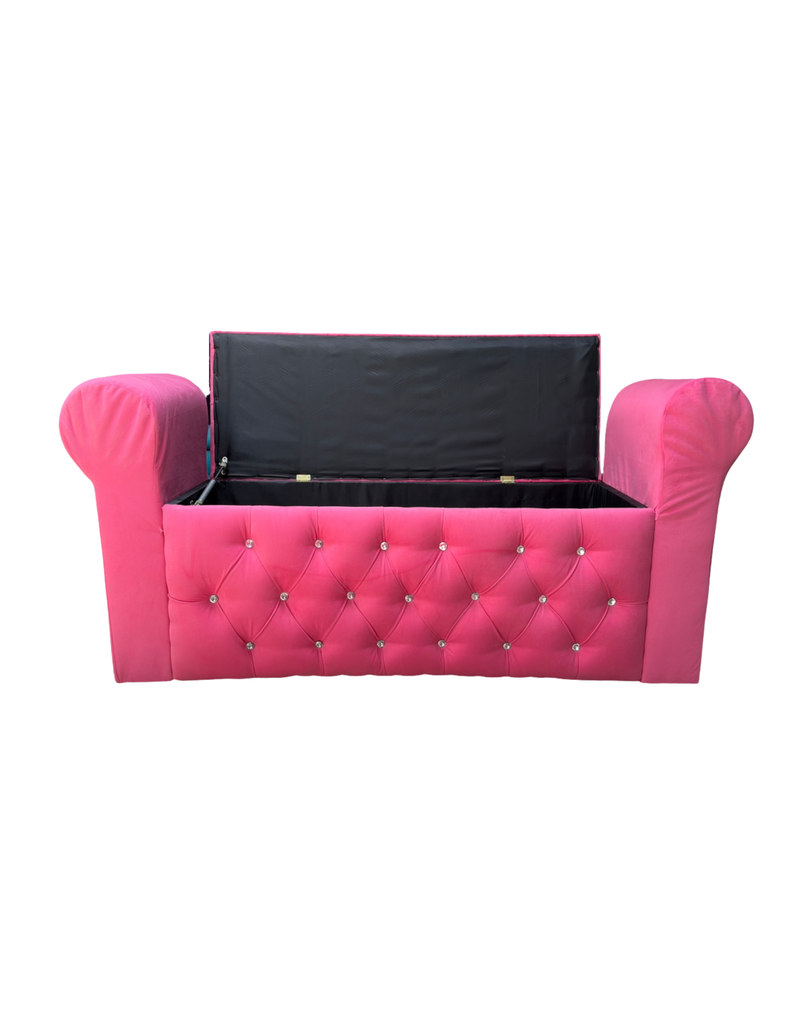 Banqueta Baúl Botone Con Brazos Rosado Felpa -3