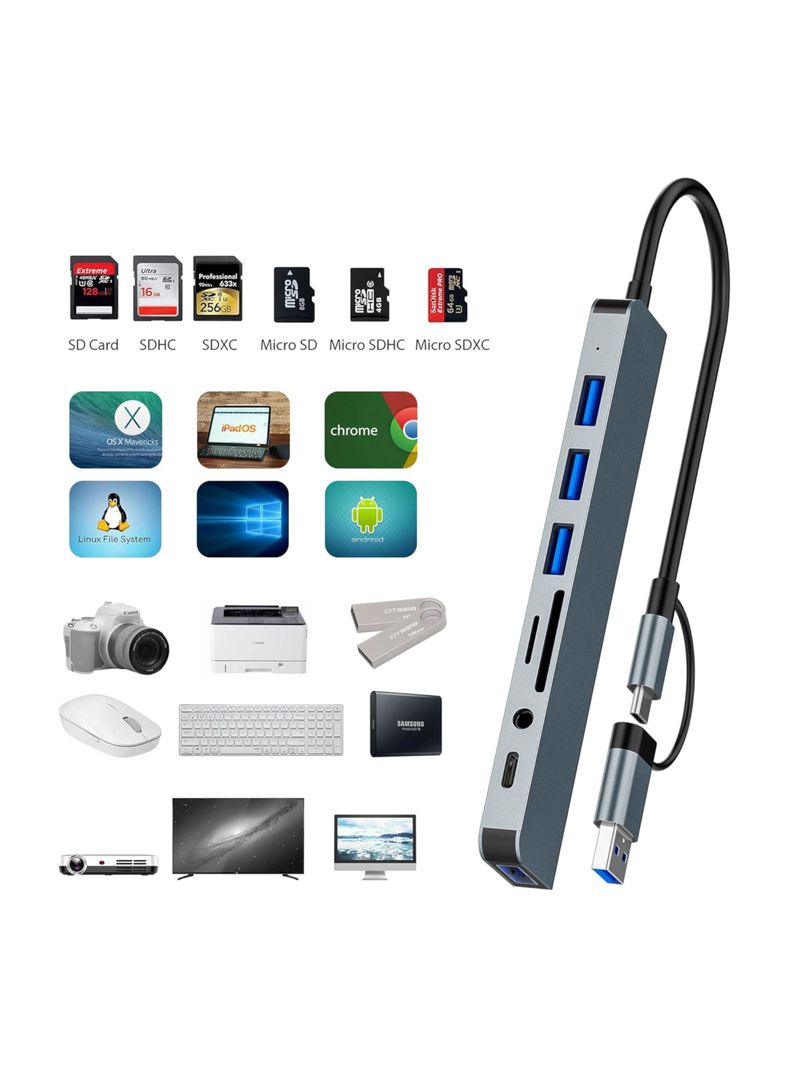 Hub adaptador USB 3.0, 8 puertos en 1-4