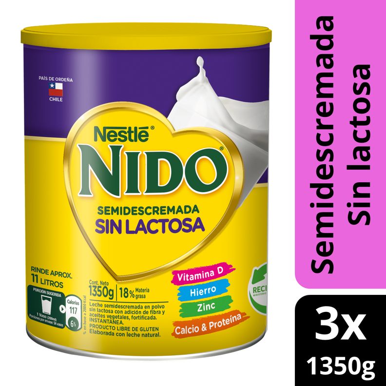 Leche en polvo NIDO® Semidescremada Sin Lactosa Tarro 1350g Pack x3
-0