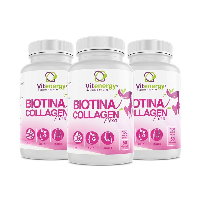 Biotina + Colágeno Verisol Plus - Vitaminas Cabello, Piel, Uñas. Pack x 3 - Fórmula 8 Componentes.-0