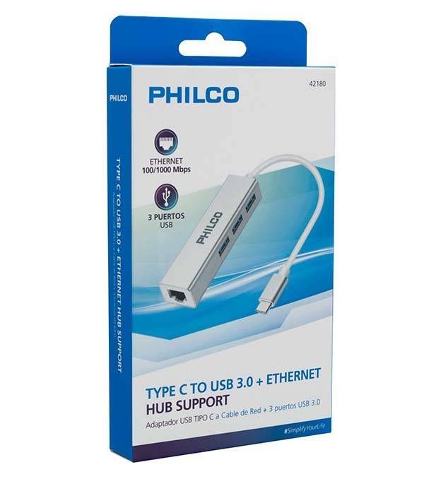 Hub USB-C Philco, 3 Puertos USB 3.0, Puerto RJ45-3