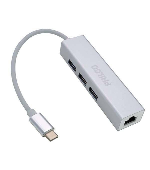 Hub USB-C Philco, 3 Puertos USB 3.0, Puerto RJ45-0