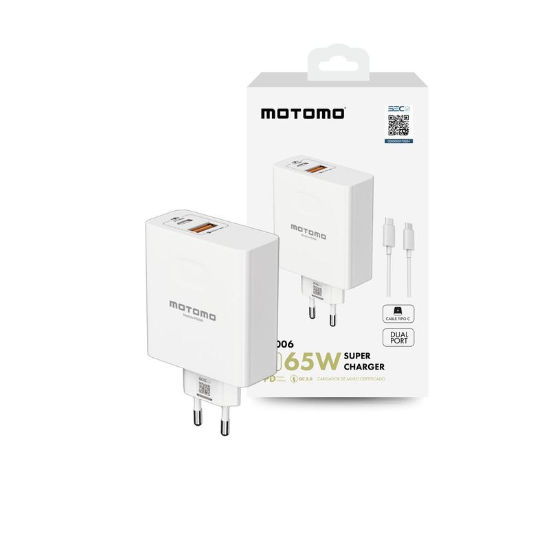  Cargador Inteligente Motomo, Puertos USB y Tipo-C, 65W, Incluye Cable Tipo-C a Tipo-C, Color Blanco-0