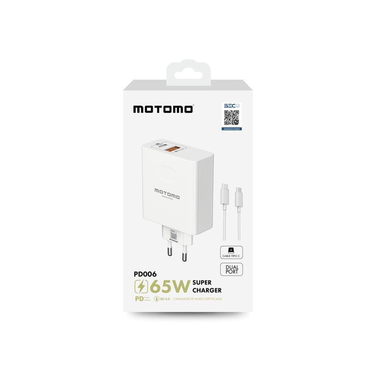  Cargador Inteligente Motomo, Puertos USB y Tipo-C, 65W, Incluye Cable Tipo-C a Tipo-C, Color Blanco-2